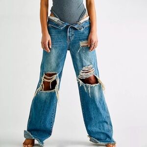 We The Free by Free People Ollie High Rise Button Distressed Wide Leg Jeans 26